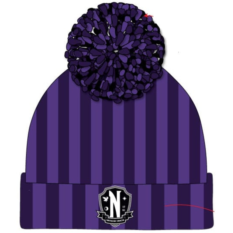 Wednesday Pom-Pom Beanie Nevermore Logo